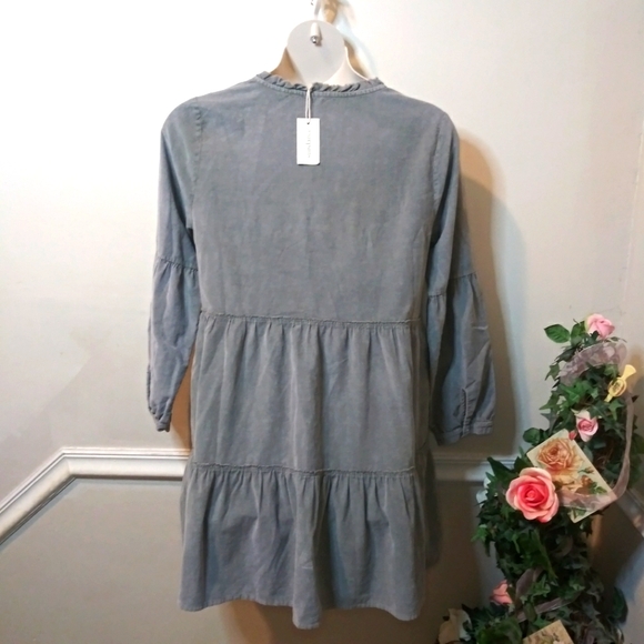 Sundance Dylan Boho Sage Green, Long Sleeved, Tiered Skirt Corduroy Mini Dress - Picture 8 of 14